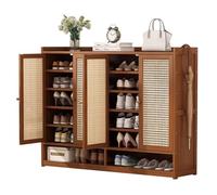 Rustic Rattan Shoe Rack for EntrywayStorage Cabinet with Doors & Open Space Perfect Organizer for Hallway Living Room & ClosetStylish Shoe Storage Solution