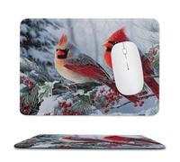 Rustic Realistic Bird Non-Slip Base Mousepad,Cute Colorful Winter Forest Snow Pine Trees Red Birds Stitched Edges for Decoration,Most Types of Mouse 9.4"x7.9"