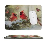 Rustic Realistic Bird Stitched Edge Mouse Pad,Cute Colorful Winter Forest Snow Pine Trees Red Birds Butterfly Soft Mousepad with Non-Slip for Office,Home 9.4"x7.9"