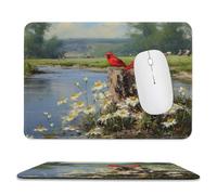 Rustic Realistic Bird Stitched Edge Mouse Pad,Cute Oil Painting Spring Forest Red Birds Pine Trees Floral Daisy Soft Mousepad with Non-Slip for Office,Home 11.8"x9.8"