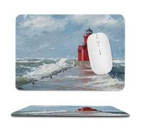 Rustic Realistic Coastal Lighthouse Non-Slip Mousepad,Colorful Watercolor Oil Painting Ocean Waves Nautical Lighthouse with Most Types of Mouse,Stitched Edges for Decoration 20x24 cm