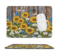 Rustic Realistic Floral Non-Slip Base Mousepad,Vintage Oil Painting Wooden Board Flower Sunflower Daisy Butterfly Stitched Edges for Decoration,Most Types of Mouse 11.8"x9.8"