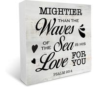 Rustic Religious Wood Box Sign Mightier Than The Waves of The Sea is His Love for You Scripture Christian Home Desk Shelf Decor 5x5 Inches