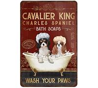 Rustic Retro Metal Tin Sign Cavalier King Charles Spaniel Dog Bath Soap Vintage Tin Sign for Bar Office Bathroom Wall Decor Home Wall Decoration Gift Ideas for Friends 12x8 Inch
