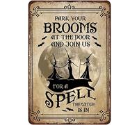 Rustic Retro Metal Tin Sign Park Your Brooms At The Door And Join Us Witch Sign Halloween Wall Decor Vintage Metal Tin Signs Home Bar Shop Decorations Coffee Sign Gift 5.5x8 Inch