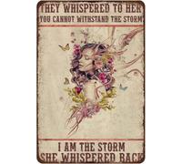 Rustic Retro Metal Tin Sign They Whispered to Her You Cannot Withstand the Storm I am The Storm She Whispered Back, Hippie Butterfly Girl Wall Plaque for Home Decor for Bar, Cafe 8x12 Inch