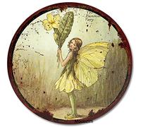 Rustic Retro Round Metal Tin Sign Primrose Fairy by Cicely Mary Barker Flower Fairies Vintage Wall Art Nursery Decor Fairy Print Home Decor Novelty Bedroom Courtyard Decoration Sign 12x12 Inch