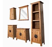 Rustic Retro Solid Pine Bathroom Ensemble with Vanity, Tall Cabinet, Side Cabinet, Wall Unit & Mirror - Vintage Craftsmanship for Practical Storage Solutions
