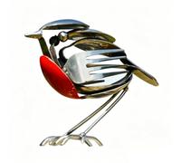 Rustic Robin Bird Scrap Metal Art Sculpture, Handcrafted Fork & Spoon Bird Statue, Unique Home Decor for Garden, Patio, or Office Desk, Decorative Steel Craft Gift for Bird Lovers-Silver