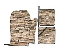 Rustic Rocks Brick Wall Print Stylish Heat-Resistant Oven 4-Piece Set Kitchen Gloves Roasting Daily Cooking