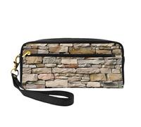 Rustic Rocks Brick Wall Printed Leather Makeup Bags with Wrist Strap Portable Travel Toiletry Bag Cosmetic Organizer Bag for Women