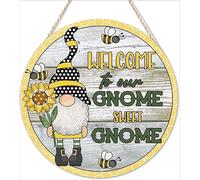 Rustic Round Wood Sign Welcome to Our Gnome Sweet Gnome Yellow Plaid Gnome Sweet Gnome Bumble Bee Sign Spring Wood Hanging Sign Art Wooden Wall Plaque Decor Outdoor Indoor Wall Panel 12x12 inch