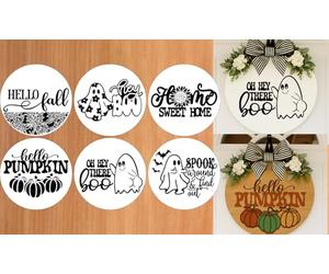 Rustic Round Wreath Sign Stencil, Seasonal Festival Welcome Door Sign, Reusable Fall&Halloween Stencils for Painting on Wood - Sweet Home/Hello Fall/Pumpkin/Ghost Patterns for Porch DIY Decorations