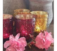 Rustic Ruby Red Tea Light Holder - Antique Textured Decorated Glass - Bolly 10x8cm Engraved Glass Pillar Candle Votive - Gold Interior