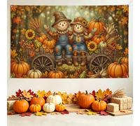 Rustic Scarecrow Harvest Scene Scarecrows Backdrop Banner 71x43 Inch | Scarecrow Couple Illustration, Photo Backdrop, Rustic Wooden Wagon, Abundant Pumpkins Harvest, Autumn Foliage Accents