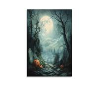 Rustic Scary Pumpkin Canvas Wall Art, Full Moon Halloween Forest Night Scene Picture Painting on Canvas, Print Poster Decoration Artwork for Home Living Room Wall Decor Unframe 16x24inch(40x60cm)