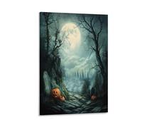 Rustic Scary Pumpkin Canvas Wall Art, Full Moon Halloween Forest Night Scene Picture Painting on Canvas, Print Poster Decoration Artwork for Home Living Room Wall Decor Frame 08x12inch(20x30cm)