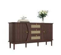 Rustic Sideboard with 2 Sliding Doors & 3 Rattan Drawers 140.5 x 40 x 76cm Storage Cabinet Farmhouse Buffet for Hallway Bedroom Living Room - Walnut Finish