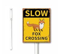 Rustic Slow Sign Metal, Fox Crossing Sign for Yard with Stake, Yellow and Black, Slow Down Signs, 12X15CM Rustproof Sturdy Aluminum Sign for Outdoor