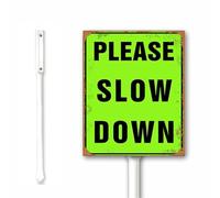 Rustic Slow Sign Metal, Please Slow Down Sign for Yard with Stake, Bright Green, Slow Down Signs, 12X15CM Rustproof Sturdy Aluminum Sign for Outdoor