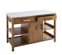 Rustic Solid Wood Kitchen Island with Stone Top, Small Size, Features Cabinets and Open Shelves for Storage, Perfect for Modern Kitchens and Dining Areas