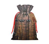 (Rustic Stall Wooden Door) Print Christmas New Year Candy Gift Bag, Red Xmas Ribbon Drawstring Bags for Kids Xmas Holiday Eve Presents S Size