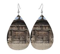 Rustic Stall Wooden Door Print Leather Dangle Earrings For Women Elegant Drop Earrings Lightweight Fashion Jewelry