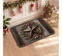 Rustic Star and Pine Wreath Decor Winter Kitchen Rugs 16x24 Inch | Pine Wreath, Rugs For Kitchen Floor, Red Berries, Distressed Wood Planks, Cabin Decor, Farmhouse Theme, Seasonal Kitchen