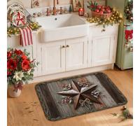 Rustic Star and Pine Wreath Decor Winter Kitchen Rugs 20x31 Inch | Pine Wreath, Rugs For Kitchen Floor, Red Berries, Distressed Wood Planks, Cabin Decor, Farmhouse Theme, Seasonal Kitchen
