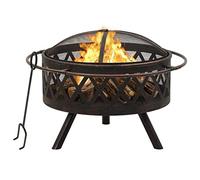 Rustic Steel Fire Pit 76cm with Poker and Grid Cover for Garden Patio Outdoor Decorative Heat Source with Large Fire Bowl and Safe Spark Stop