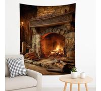 Rustic Stone Fireplace Tapestry, Warm Earthy Tones Decorative Wall Hanging, Cozy Cabin Aesthetic for Living Room, Bedroom, Holiday Decor 60x80 Inch