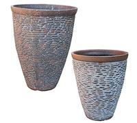 RUSTIC STONE Large Plant Pots Round Tall Plastic Planters Indoor Outdoor Garden (Set of 2)