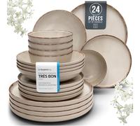 Rustic Stoneware for 6 - Elegant Dinnerware Set - 24-Piece Dinner Set, Including Plates and Bowls - Dishwasher Safe - Pure Living in Beige