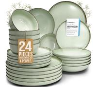 Rustic Stoneware for 6 - Elegant Dinnerware Set - 24-Piece Dinner Set, Including Plates and Bowls - Dishwasher Safe - Pure Living in Green