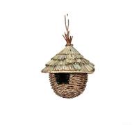 Rustic straw birdhouse with artisanal weaving technique, serves dual purpose of functional nesting space and garden accent without synthetic materials