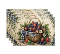 Rustic Strawberries and Blueberries Placemats, Vintage Country Basket Design for Dining Table, Summer Kitchen Party Non-Slip Washable Indoor Outdoor Decorative Placemat Set of 4