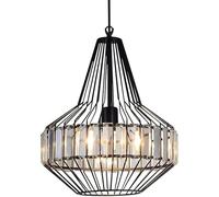Rustic Sturdy Durable Crystal Light 1-Light Lantern Chandelier Black Moroccan Lamp Dining Table Chandelier Farmhouse Metal Cage Light for Foyer Kitchen Living Room/C