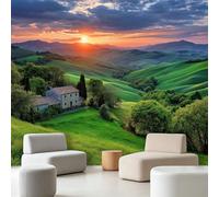 Rustic Style Countryside Cabin Wheat Field Wall Mural 200 x 140 cm Mountains Trees Sunset Lawn, Non-Woven Photo Wallpaper for Living Room Bedroom & Office, HD Feature Wall Art, Easy to Install Decor