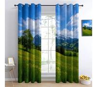 Rustic Style Curtains Decoration Room Darkening, Blue Sky Sunshine Mountains Green Grass drop Curtain Pair Eyelet Drapes for Living Room Kids Bedroom Nursery 140 x 260 cm 2 Panels