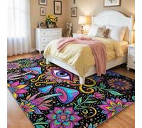 Rustic Style Rug for Living Room, Abstract Mushroom Flowers Pattern Hard-Wearing & Easy Clean Carpet, Black Purple Washable Non Slip & Low Pile Area Rug for Bedroom Conservatory Dining Room, 60x90 cm