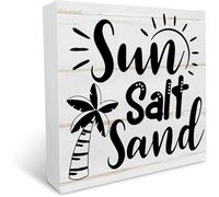 Rustic Sun Salt Sand Wooden Box Sign Beach Summer Seaside Desk Decor Farmhouse Home Shelf Home Office Shelf Table Decor Gift 5x5 Inch
