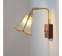 Rustic Swing Arm Wall Lamp, Adjustable Japanese-style Walnut Bedside Sconce with Clear Glass Shade & Pull Switch, E27 Reading Light for Bedroom, Living Room, Office