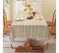 Rustic Table Cloth, Rectangle Textured Cotton Linen Fabric Tablecloth with Tassel, Farmhouse Table Cover Embroidery Stripe Tablecloths for Kitchen Dinning Party, 55*90in,Light Yellow