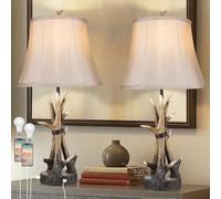 Rustic Table Lamps for Living Room Set of 2, Farmhouse Antler Western Bedside Lamp for Bedroom with 2 USB Charging Port, 3-Way Dimmable Resin Nightstand Lamps with Shade Decor, LED Bulbs Included
