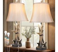 Rustic Table Lamps for Living Room Set of 2, Farmhouse Antler Western Bedside Lamp for Bedroom with 2 USB Charging Port, 3-Way Dimmable Resin Nightstand Lamps with Shade Decor, LED Bulbs Included