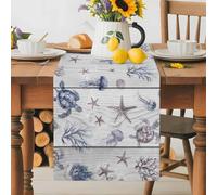 Rustic Table Runner 13x60 Inches Long Sea Turtles Starfish Coral Jellyfish Wood Grain Cotton Linen Table Runner Burlap Style for Dinner Table Party Decor Tabletop Decorations
