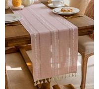Rustic Table Runners, Embroidered Hollow Polyester Linen Blend, Shrink Resistant Decor For Kitchen Dining Party, 33 X 180 Cm (Pink)