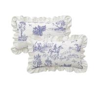 Rustic Throw Pillow Covers Set of 2 Classic French Village Printed Linen Fabric Decorative Pillow Cases Retro Ruffle Flounces Trim Rectangular Cushion Case for Livingroom Sofa Decor Blue 12 x 20 Inch