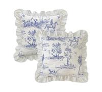 Rustic Throw Pillow Covers Set of 2 Classic French Village Printed Linen Fabric Decorative Pillow Cases Retro Ruffle Flounces Trim Square Cushion Case for Livingroom Sofa Decor Blue 24 x 24 Inch