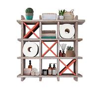 Rustic Tic-Tac-Toe Toilet Paper Holder for Bathroom - Playful Storage Shelves for Toilet Tissue in Distressed White Color - Freestanding or Wall Mount Bath Shelves for Your Farmhouse Décor